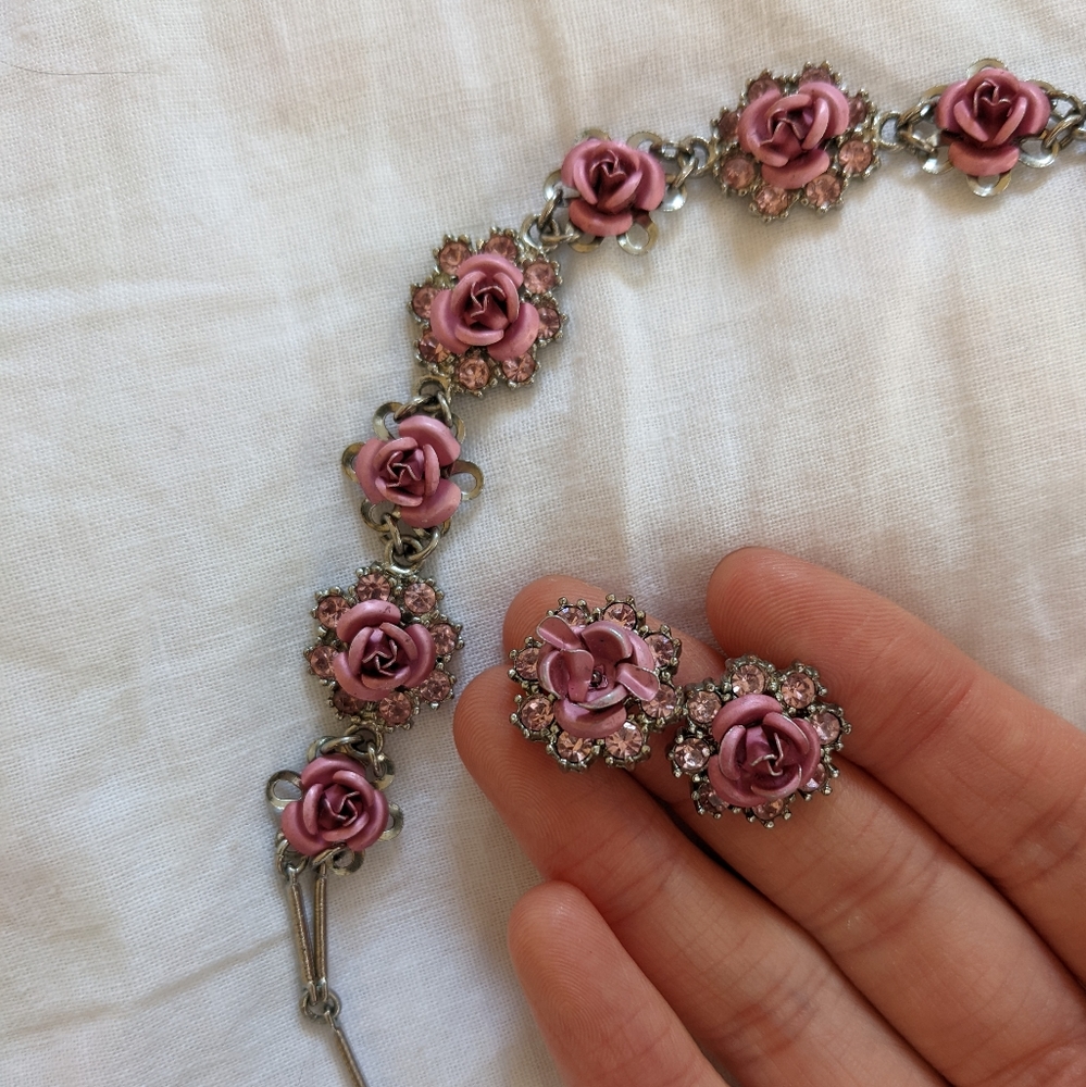 Vintage Avon Pink Rose Choker and Earring Set